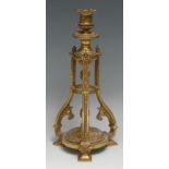 A 19th century Neo-Classical gilt metal candlestick, campana sconce, acanthus-grasped central pillar