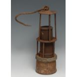 Coal Mining Interest - a 19th century Davy type miner's lamp. gauze chamber within two tiers of