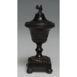 A Regency dark-patinated bronze Campana pedestal pastiller burner, squirrel finial, milled domed