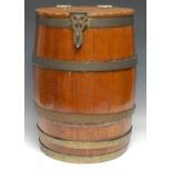 A 19th century coopered oak country house barrel, hinged cover with Gothic cast brass hinges and