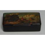 A 19th century papier mache rectangular snuff box, the hinged cover painted with a huntsman and