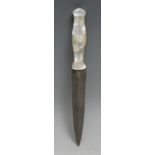 An Indian dagger, 13cm damascened wootz steel blade, two-piece mother of pearl haft applied with