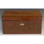 A William IV brass marquetry and mahogany rectangular tea caddy, the hinged cover centred by a