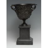 A 19th century Grand Tour dark patinated bronze vase, after an Antique krater, profusely cast with