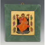 An Eastern Orthodox icon, painted in polychrome with Christ enthroned, surrounded by saints and