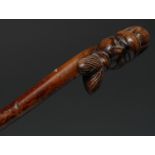 Folk Art - a 19th century novelty hedgerow walking stick, boldly carved with the head of a