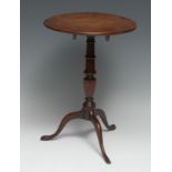 A miniature George III mahogany tripod supper table, circular tilting top, turned urnular pillar,