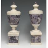 A pair of Neo-Classical design white marble and amethyst quartz mantel or table urns, square