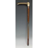 An Edwardian 9ct gold-mounted riding crop, L-shaped stag antler handle, 50cm long, Swaine Adeney