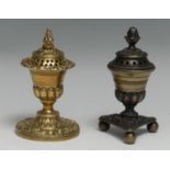A Regency bronze Campagna-shaped pastille or incense burner, domed and pierced cover, shaped
