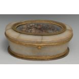 A French gilt-metal mounted alabaster oval table-top casket, the hinged cover centred by a diorama