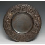 A Victorian bronze circular rosewater dish, cast in the Renaissance manner with signs of the Zodiac,