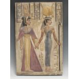 A museum-type plaster cast, after an Ancient Egyptian stele, picked out in polychrome and gilt, 55cm