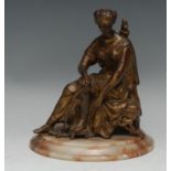 French School (19th century), a gilt-patinated bronze, Artemis Seated with Bow, oval base, 17cm wide