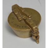 A set of North European brass nesting cup weights, the hinged cover marked R 4 Oncier, 5cm wide,
