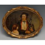 English School (19th century) A Scottish Musician with Bagpipes oil on papier mache panel, oval,