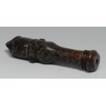 A soapstone model cannon barrel, engraved with flowers and stiff leaves, 14.5cm long