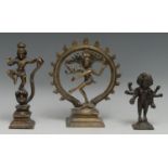 An Indian brass shrine figure, of Shiva Nataraja, rectangular base, 18.5cm high; an Indian bronze