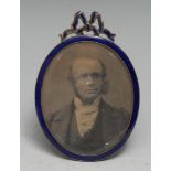 An early 20th century blue enamel oval easel portrait miniature or photograph frame, ribbon