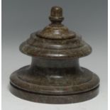 A substantial 19th century turned and polished Cornish serpentine inkwell and cover, acorn finial,