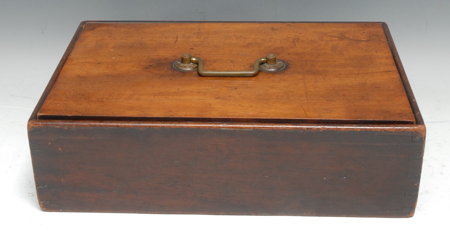 The Wunderkammer - a 19th century mahogany box, the cover with brass swan neck handle enclosing a