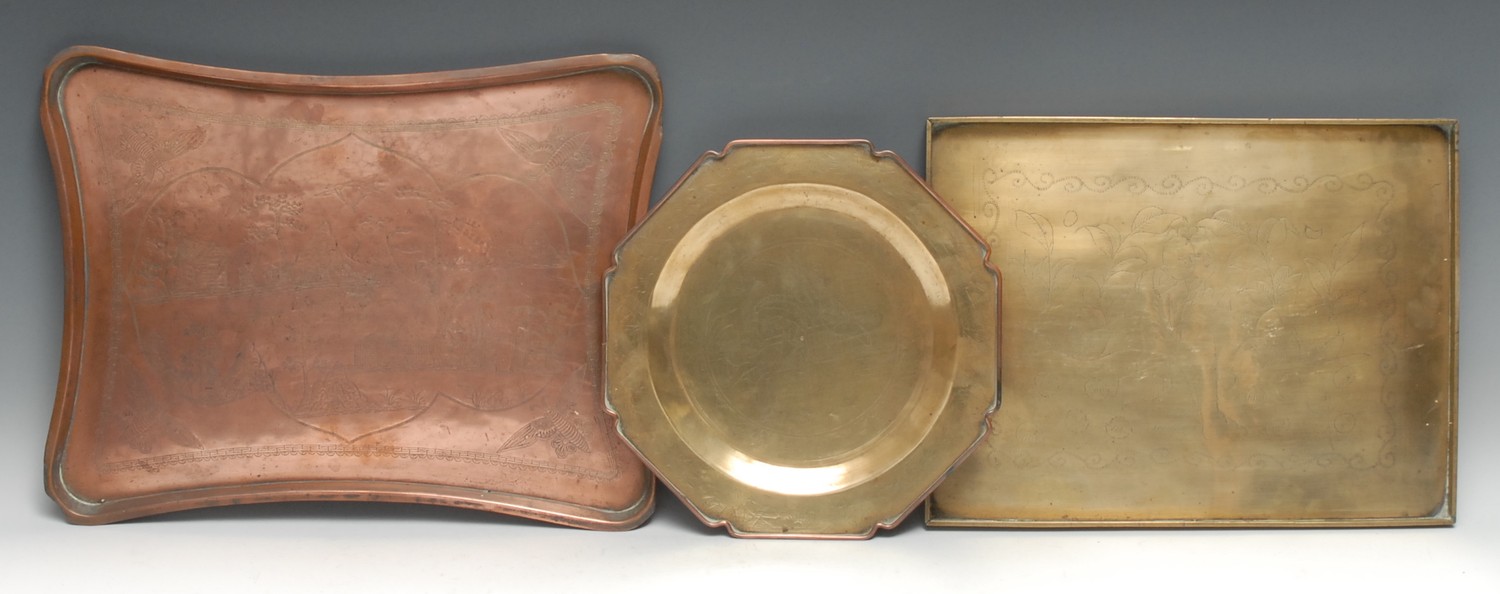 A 19th century copper incurved rectangular tray, engraved in the chinoiserie taste with Chinese