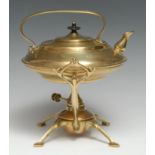 An Arts & Crafts brass spirit kettle, stamped Benson, arched handle, patent burner, outswept legs
