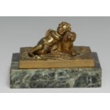 Continental School (19th century), a gilt bronze, of Cupid sleeping beside a dog, inspired by an