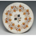 An Indian alabaster and 'pietra dura' circular table top, inlaid in mother of pearl and specimen