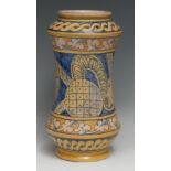 A South European majolica albarello wet drug jar, painted in the Renaissance style, 31cm long
