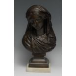A French spelter library bust, of a Grecian beauty, waisted square socle, square marble base, 32cm