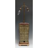 A Chinese bronze adjustable two-branch table lamp, as an Archaic fanglei vessel, applied with