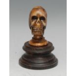 Memento Mori, The Macabre - a bone carving of a skull, hardwood base, 9cm high overall