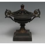 A 19th century parcel-gilt and dark patinated bronze saucer campana shaped pot pourri vase,