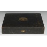 A Victorian gilt and tooled morocco rectangular Patent box, hinged cover, 29cm wide