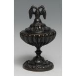 A Regency dark-patinated bronze urnular incense burner, double-headed eagle finial, lotus socle,