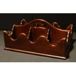 A George III style mahogany butler's wine bottle carrier, arched handle, shaped borders, 39cm wide