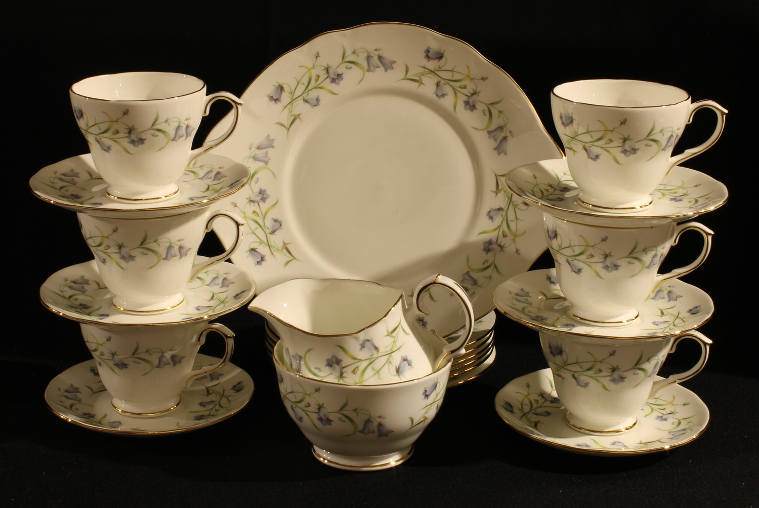 A Duchess China Harebell pattern tea set, six cups and saucers, six tea plates, milk and sugar,