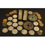 Boxes and Objects - two Chinese metal bars; tsubas; various coins