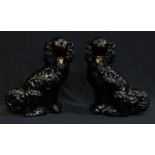 A pair of Stafforshire black glazed King Charles Spaniel mantel dogs (2)