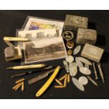 Boxes and Objects - a silver vesta case, Birmingham 1894; white metal sliding toothpick, seal top;