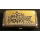 A Russian silver and niello rounded rectangular pocket cheroot case, 10cm wide, marked for 84