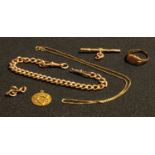 A 9ct rose gold curb link bracelet; a 9ct gold t-bar; a 9ct rose gold signet ring, size X; a 9ct