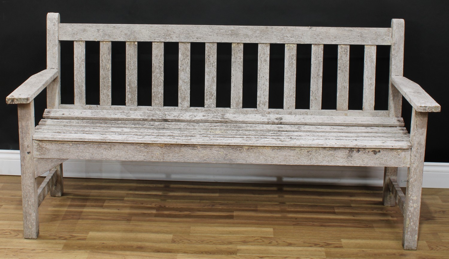 A garden bench, 81cm high, 159cm wide, the seat 141cm wide and 45cm deep