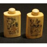 A pair of Chinese bone snuff bottles, each decorated with erotic scenes