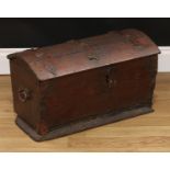 Miniature Furniture - an oak metal bound dome top chest, hinged cover, carry handles to sides,