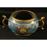 A Chinese cloisonné enamel censer, decorated in polychrome with lotus and scroll on a turquoise