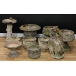 An assortment of reconstituted stone garden planters; bird bath; statue, the campana shaped, 50cm