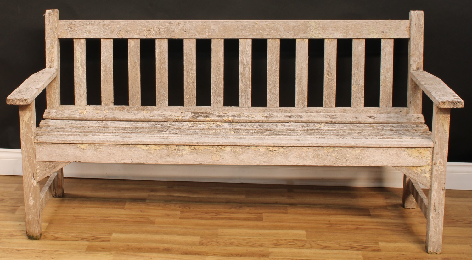 A garden bench, 79cm high, 159cm wide, the seat 141cm wide and 45cm deep