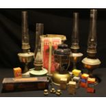 A Tilley lamp, boxed; other oil and paraffin lamps with glass chimneys; qty